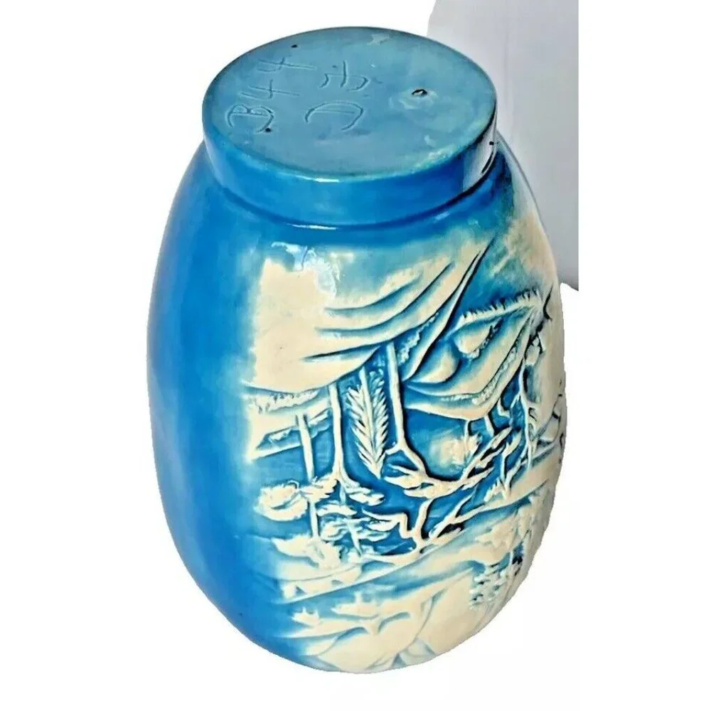 Signed 7” Tall Bright Blue & White Woodland Scene Bud Vase (Ginger Jar W/O Lid)